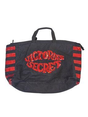Victoria's Secret Tote Bag Weekender Black Canvas Red Sequins Lips Kiss Travel